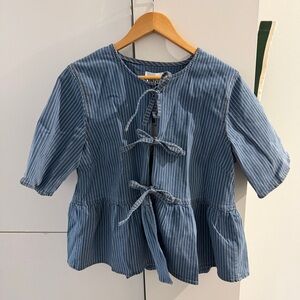 Ganni Blue Striped Tie-Front Blouse